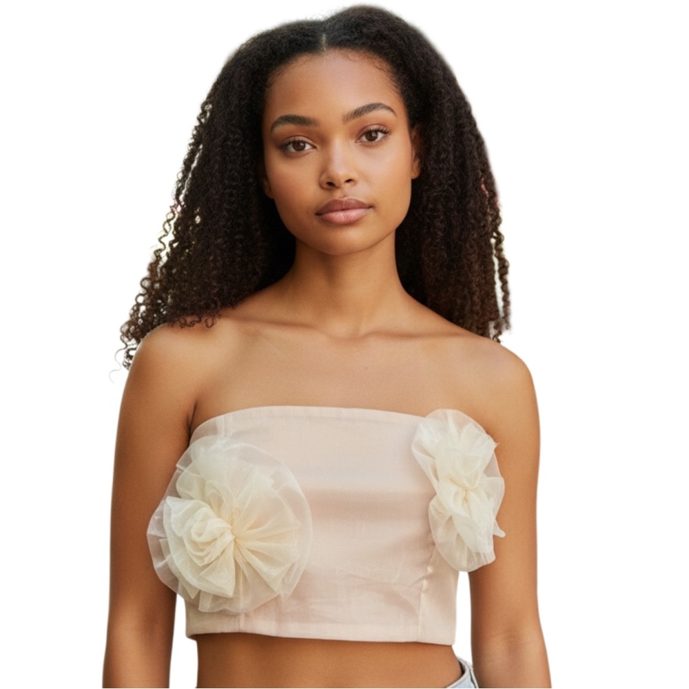 Know One Cares Flower Strapless Crop Top, Color‎ Beige, Size Medium